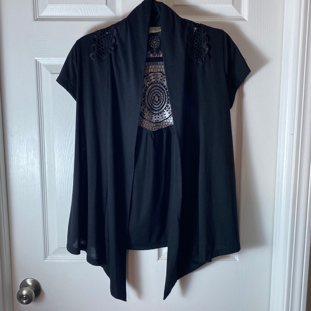 Ever Blue Open Front Cardigan Black Crochet Design Coverup Short Sleeves